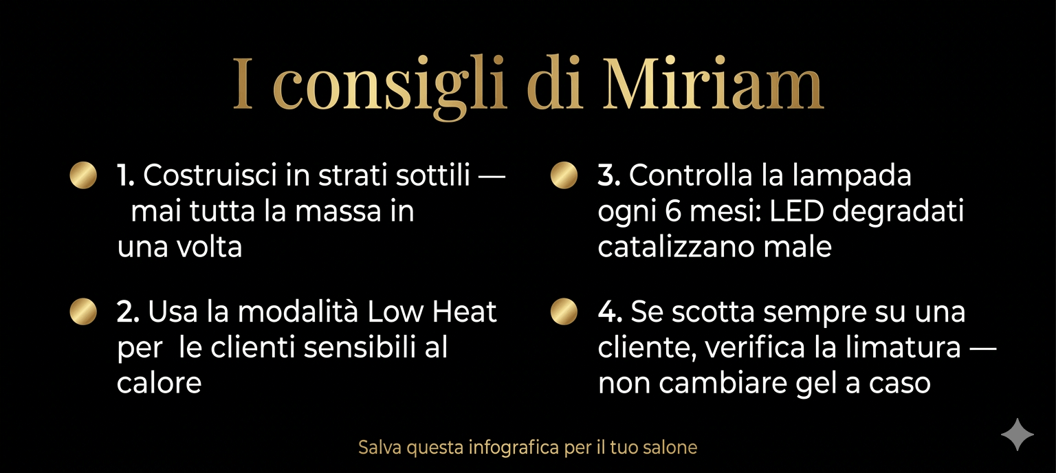 infografica consigli di Miriam Barca su come evitare il bruciore del gel in lampada UV LED durante la polimerizzazione